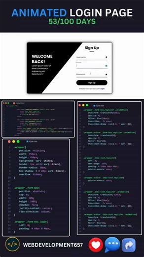 Webdeveloper on Instagram: "This is not a normal Login / Signup Page 👀 ✨ Smooth Animations ⚡ Clean UI 🎨 Modern Design Built with ❤️ by a developer, for developers. 👉 Save this reel 👉 Share with your dev friends 👉 Comment “CODE” if you want the source code #WebDev #Frontend #UIUX#webdevelopment #frontenddeveloper #loginpage #signuppage #uidesign #uiuxdesign #webdesign #javascript #reactjs #htmlcss #cssanimations #webdeveloperlife #codingreels #programmingreels #developerreels #instagramreels