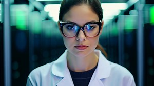 Download Woman IT specialist engineer system administrator server room backend software hardware female girl security cloud computing AI training expert specialist technology data analyst network for free