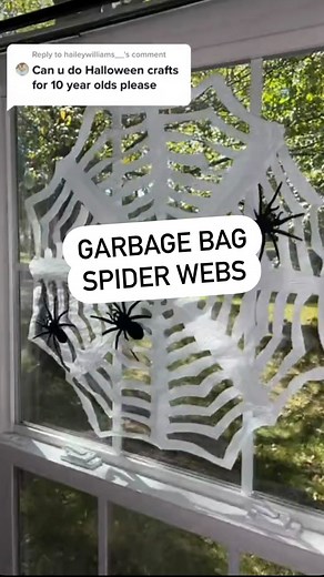Kidscraftbarn on Instagram: "GARBAGE BAG SPIDER WEBS 🕷 These are simple & cheap! All you need ⬇️ *large plastic bag (mine was a 13 gallon bag) *scissors *marker *tape (to hold it to the window) *paper spiders That’s it! Save for later or share with a friend, hope you try it out! #kidscrafts #craftideas #halloweencrafts #halloweendecor #halloweenideas #spookyseason #spiderwebs #spiders #crafting #kidscraft #easy #diy #homemade #foryou"