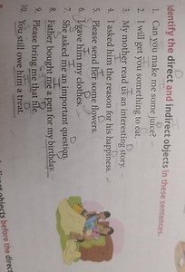 Identify the direct and indirect objects in these sentences. Ca... | Filo