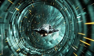 Spaceship Emerging from a Hyperdrive Tunnel in Deep Space