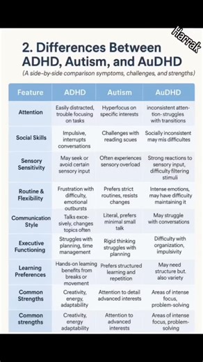 Autism Adhd on Instagram: "🧠✨ Understanding ADHD, Autism & AuDHD What makes them different—and where they beautifully overlap? Let’s break it down 👇 🔹 ADHD = creative, fast-thinking, easily distracted 🔹 Autism = focused, structured, sensory-sensitive 🔹 AuDHD = both worlds in one brain—chaotic brilliance 🌪️🌟 💬 These neurotypes aren’t flaws—they’re different ways of experiencing the world. Compassion starts with understanding 💛 🎯 Whether you’re neurodivergent or supporting someone who is