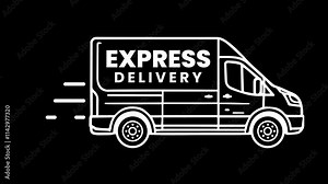 Animated Express Delivery Van white outline icon. Fast Delivery service. Transportation. Vehicle in motion. Seamless loop 4K HD video on a black background. Motion graphic design.