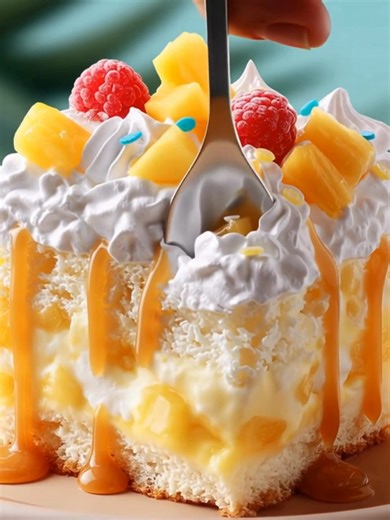 Luau-Perfect Hawaiian Poke Cake A tropical, moist poke cake infused with pineapple pudding and topped with whipped cream and fruit. Yield: 12 servings Oven Temp: 350°F (175°C) Bake Time: 25–30 minutes Total Time: 1 hour (including chill time) Key Ingredients First: Yellow cake mix (or homemade yellow cake) ....................... FULLL Recipe in First Cօʍʍеոτ 👇 | Cake Shake