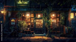A glowing storefront of a charming cafe, with warm and inviting lights illuminating the entrance and creating a cozy ambiance in the Seamless looping 4k time-lapse virtual video animation Generated AI