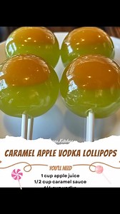 🍎 Caramel Apple Vodka Lollipops 🛍️🛍️Ingredients: - 1 cup apple juice 1/2 cup caramel sauce (store-bought or homemade) 1/4 cup vodka (plain, vanilla, or caramel-flavored) 1/4 cup granulated sugar 1 tablespoon lemon juice 1/2 teaspoon ground cinnamon 1/4 teaspoon salt 1 cup apple-flavored gelatin powder (such as Jell-O) Lollipop sticks Silicone lollipop molds Step-by-Step Step 1: Set Up Your Station Step 2: Create Your Flavor Base In a large mixing bowl, combine the apple juice, caramel sauce, 