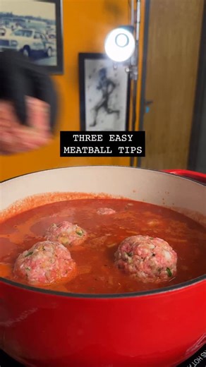 3 EASY MEATBALL TIPS ⬇️ 1. Drop your balls in raw. Keeps them moist, tender and they won’t shrink. Saves time, too! 2. Use Vinny R’s Italian seasoning. It’s a better blend of time-honored Italian herbs and spices (plus lemon!) 3. Make your own sauce. It’s cheaper and tastier than the fancy jarred stuff. HERE’S THE RECIPE Meatballs: 2 slices white bread, torn into small pieces 1/2 cup whole milk 1/2 pound ground pork 1 pound ground beef 1 medium yellow onion, minced 4 garlic cloves, minced 2 larg