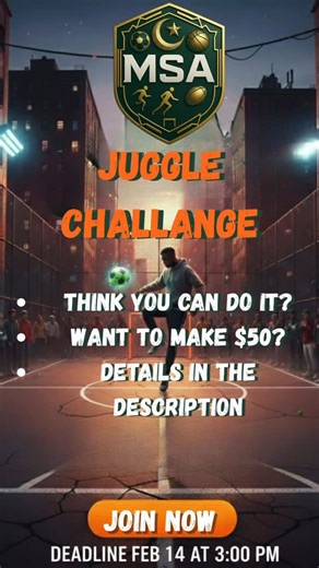 Muslim Sports Association on Instagram: "MSA JUGGLE 60 CHALLENGE ⚽️🏆 (BOYS ONLY) Show your best consecutive juggles in 60 seconds — highest streak wins! How to enter: ✅ Post a Reel + invite @YOURPAGE as Collaborator ✅ Caption: “Best streak: ___” + #MSAJuggle60 ✅ Must hit 30+ likes by Feb 14 Rules: one continuous take, timer visible, full body + ball in frame. No edits. 💰 Winner gets $50 cash on Feb 14. ⚠️ Suspicious bot activity may be disqualified. #ummahbazaar Are you joining the challenge?"