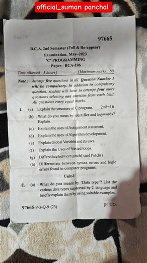 #mdu university B.C.A 2nd semester 'C' Programming #question #paper #may2023