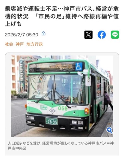 吉平 敏孝 | 乗客減や運転士不足…神戸市バス、経営が危機的状況 https://www.kobe-np.co.jp/news/society/202602/0019992865.shtml 都市部でも路線バスの経営は苦しい。言わんや地方をや。... | Instagram