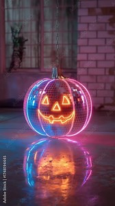 On Halloween party night, a glowing jack-o'-lantern pumpkin disco ball with neon reflections