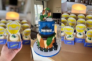 Fortnite themed cake and cupcakes are an instant hit among fans