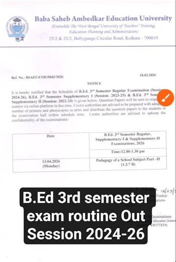 BSAEU B.Ed 3rd semester exam date out #shots