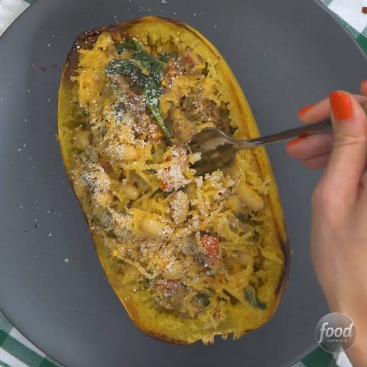 2.9M views · 5.4K shares | The comforting flavors of sausage and white bean soup, packed into a roasted spaghetti squash  | Food Network | Facebook