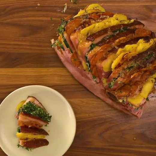 327K views · 877 reactions | Easter ham, hasslebacked and stuffed with potatoes and spinach — what more could you possibly need?!  Get the recipe: https://foodtv.com/2VP56AU. | Food Network | Facebook
