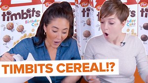 34K views · 130 reactions | We rocked a Canadian tuxedo while trying Tim Hortons new Timbits cereal. It doesn't get anymore Canadian than this, folks. | BuzzFeed Canada | Facebook