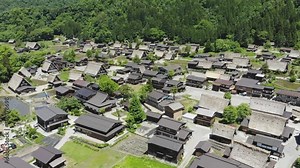 Gassho-zukuri houses in Gokayama Village. UNESCO World Heritage List due to its traditional Gassho-zukuri houses, alongside nearby Shirakawa-go in Gifu Prefecture. (aerial photography)