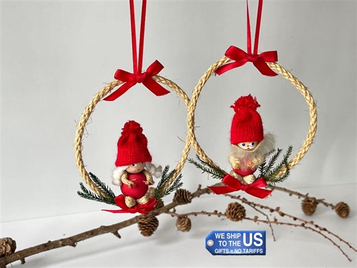 Danish 70s-80s Christmas Decor by "holline". Hanging Santa & Mrs. Handmaid Figurine Set - Collectors Item. Scandinavian Xmas Window Decor. - Etsy