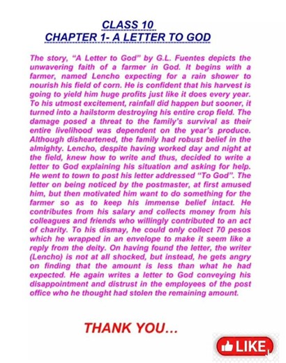 Class 10 (English ) Chapter -1=A letter to god (Summary )