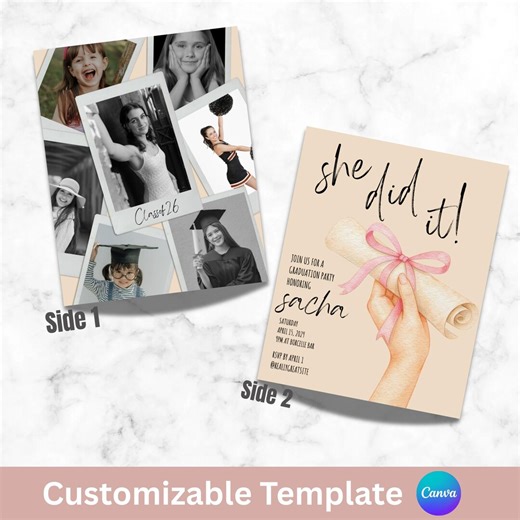Two Sided Graduation Party Invitation, Photo Page, Announcement Template, Digital, Canva Suite - Etsy