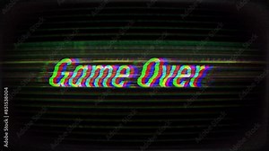 Game over text message on television or computer screen with heavy distortion effects