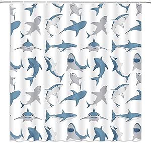 GCTNBJL Shark Shower Curtain Ocean Animal Shark Open The Mouth Fish Sea Marnie Underwater Nautical Bathroom Curtain with Hooks,Blue Gray White