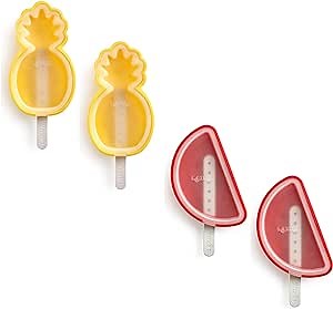 Lékué Set of 4 Tropical Popsicle & Ice Cream Molds + Sticks & Lids | Fun Shape Homemade Freezer Ice Pops | Flexible Platinum Silicone for Easy Fill & Unmold | Reusable & Dishwasher Safe| Multicolor