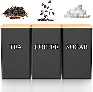3 Pcs Coffee Tea Sugar Container Set, 1000 ML Metal Teas and Coffee Canisters Set with Bamboo Lids, Black Canisters Sets for Kitchen,Food Storage Container Jars for Kitchen Counter Storage (Black)