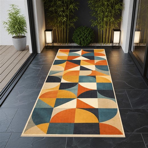 Geometric Runner Rug Mid Century Pattern Outdoor Indoor Floor Carpet Long Narrow Design - Etsy