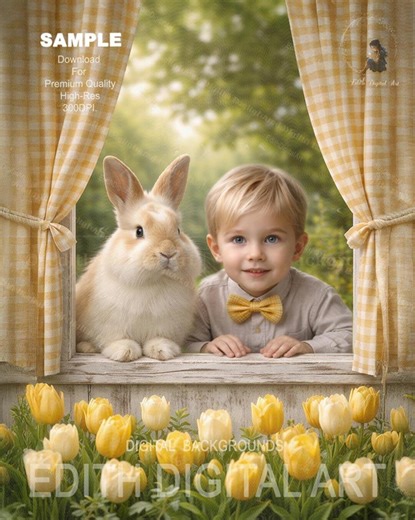 Easter Spring Window Background With Yellow Tulips Garden, Rustic Farmhouse Window, Bunny Easter Backdrop, Spring Photography Download - Etsy