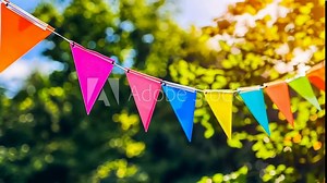 Festive, colorful triangular pennant banners strung outdoors, glowing under a bright afternoon sun. The scene exudes a joyous, celebratory mood, echoing themes of happiness and outdoor gatherings. Stock Video