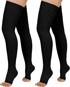 2 Pairs Compression Stockings for Women & Men, 20-30mmHg Thigh High Compression Socks, Open Toe Medical Compression Socks with Silicone Dot Band-Best Support for Nursing Sports Varicose Veins