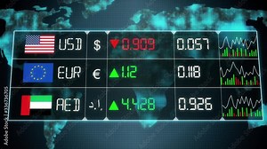 Currency market with evolution of United Arab Emirates dirham, Euro, US dollar currencies with up and downs. Green and red digital animation of prices in the world, with financial and ecomonic crisis