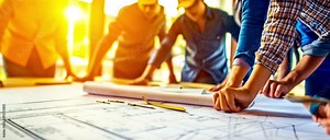 Architects and Engineers Review Blueprints: Teamwork, Collaboration, and Expertise in Construction Planning. Architectural Collaboration & Construction Planning