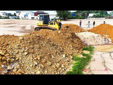 Amazing Jobs! Skilled Bulldozer Pushing Soil & Heavy Dump Trucks Dumping Land Filling Delete Pond