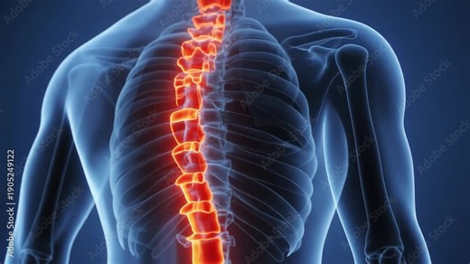 Digitally rendered anatomical illustration of human spine viewed from back, rib cage and upper body shown in translucent blue, spine highlighted in glowing red to emphasize vertebral structure, pain,