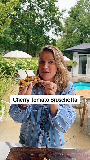Cherry Tomato Bruschetta because it's tomato season & that's what #katherinewants 🥖🍅🧀 Serves: 2 Prep time: 8 minutes Char time: 2 minutes Special tools: grill Ingredients: 1 pint Heirloom cherry tomatoes, quartered 2 tablespoons extra-virgin olive oil 1.5 tablespoons red wine vinegar 1 pinch kosher salt 2 slices older sourdough, rubbed in olive oil 1 garlic clove 1 cup creamy goat cheese 2 tablespoons micro basil 3 twists black pepper Method: 1. Marinate tomatoes in olive oil and red wine vin