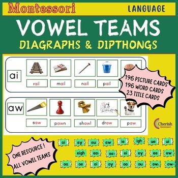 Montessori Vowel Teams - Diphthongs & Digraphs  | Picture to Word Matching