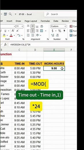 "Calculate Work Hours in 1 Click! MOD Function Excel Trick 💡 #excel