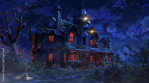 Time-lapse of a haunted house with eerie lights and a crooked chimney. Perfect for eerie backgrounds