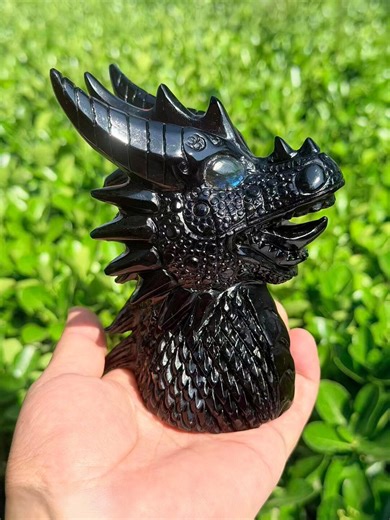 Black Obsidian Dragon Head Carving, Crystal Dragon Figurine With Labradorite Eyes, Protection Stone Decor - Etsy