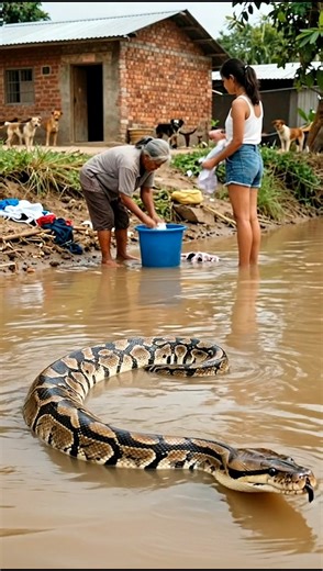 Una serpiente gigante apareció mientras lavaban ropa… 😱🐍 | Wildlife Shock #shortvideo #shorts #ai