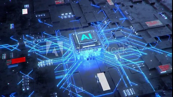 AI ​​chip connects to the motherboard. Chip drops down to connect with and activate the circuit board, causing it to emit particles and lines, thus activating the entire system.Technology 3D animation