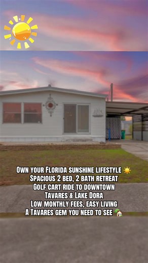 🏡 OWN THE LOT, LOVE THE LIFESTYLE! ☀️🚤 Looking for affordable Florida living in a great location? This spacious 2 bedroom, 2 bath home in Tavares offers 1,344 sq ft, a 2-car carport, partial furnishings, and the big bonus buyers love — you own the lot! Located in a 55 golf cart community, this home is close to downtown Tavares, Lake Dora, dining, entertainment, and the Chain of Lakes. With a maintained metal roof, newer Goodman AC, updated wiring and ductwork, large shed, and no soft floors, t