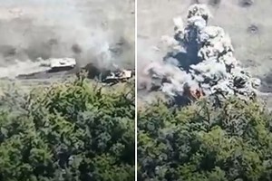 Tank obliterated as bungling Russians drive it next to one also hit by mine