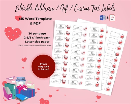 Printable Valentine’s Address & Gift Labels | Editable Word Template   PDF | Fit Avery 5160 | Digital Download | 30 per Page