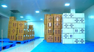 full warehouse filled with fragile boxes container rack for storage and epoxy flooring in a pharmaceutical manufacturing factory in cleanroom for active pharma ingredients, speciality chemicals.