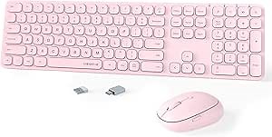 UBOTIE Colorful Wireless Computer Keybopard and Mouse Combo, Ultra Slim Office Business Silent Square Full Size QWERTY Keycaps Keyboards with Adjustable Optical Mice, 2.4GHz USB Receiver(Pink)