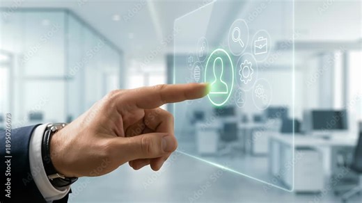 Business professional demonstrates leadership and teamwork using digital touchscreen interface to drive organizational change management strategy for learning and improvement office