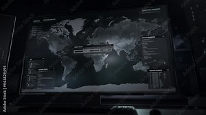 Target location tracking software connecting to the satellite scanning the map. Target location tracking ui collecting gps coordinates data. Tracking program finds target location in Asia.